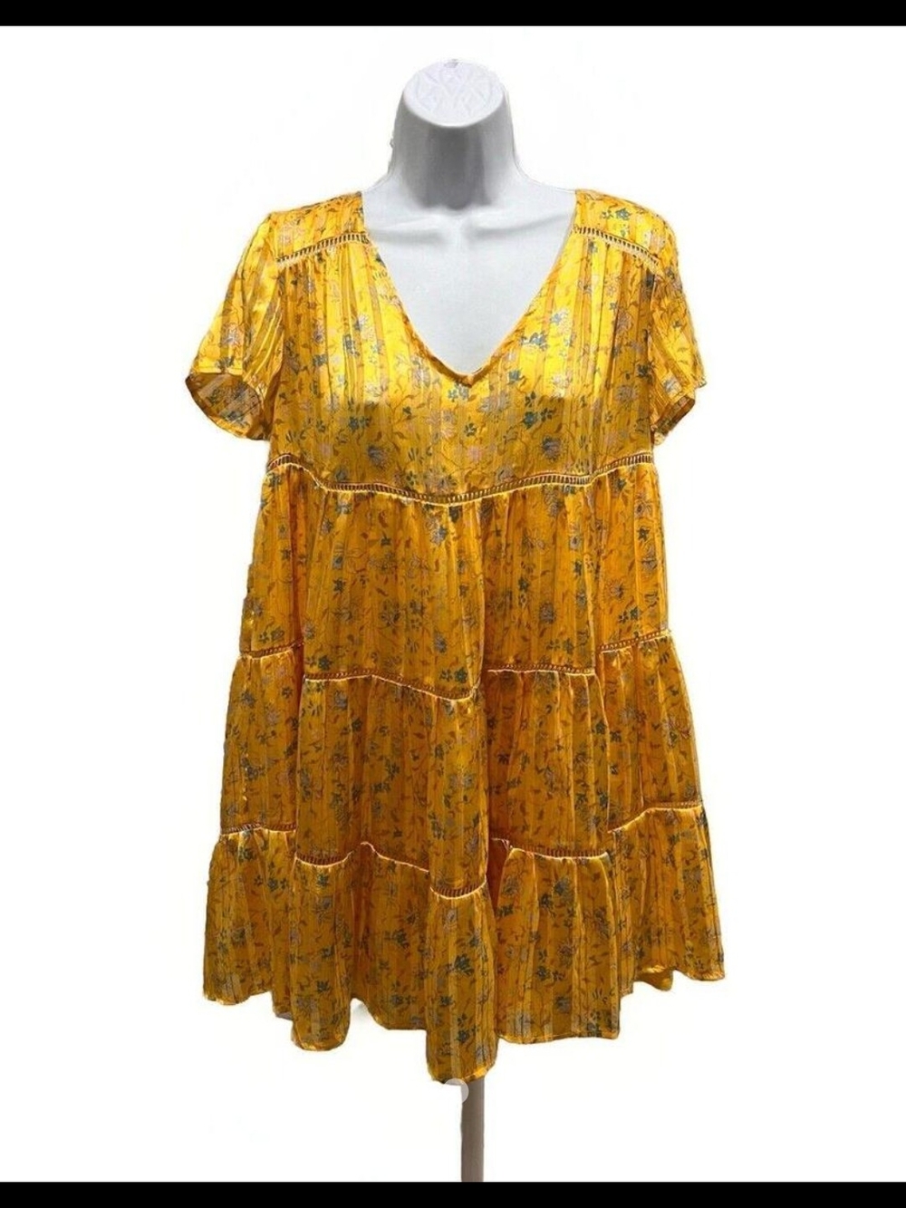 Urban Outfitters Summer Yellow Gold Blue Floral Tiered V-Neck Boho Sun Dress